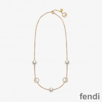 F is Fendi Pearls Chain Necklace In Metal Gold