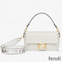 Fendi Baguette Bag with Laser Cut Strap In FF Motif Canvas White