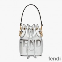 Fendi Mini Mon Tresor Bucket Bag In ROMA Logo Calf Leather Silver