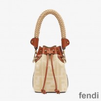 Fendi Mini Mon Tresor Bucket Bag with Straw Handle In FF Motif Straw Beige