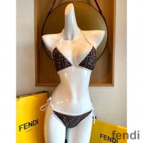 Fendi Triangle Bikini with Ties Women FF Motif Lycra Brown/White