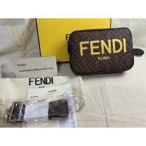 Fendi Compact Camera Case In ROMA Logo FF Motif Fabric Brown