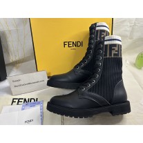 Fendi Rockoko Combat Boots Women Leather with FF Stripes Stretch Fabric Black/White