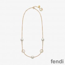 F is Fendi Pearls Chain Necklace In Metal Gold