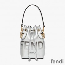 Fendi Mini Mon Tresor Bucket Bag In ROMA Logo Calf Leather Silver