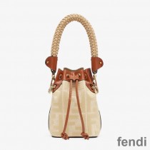Fendi Mini Mon Tresor Bucket Bag with Straw Handle In FF Motif Straw Beige