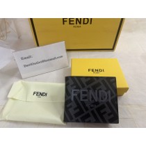 Fendi Bifold Wallet Logo Print Textured Fabric Black Gray